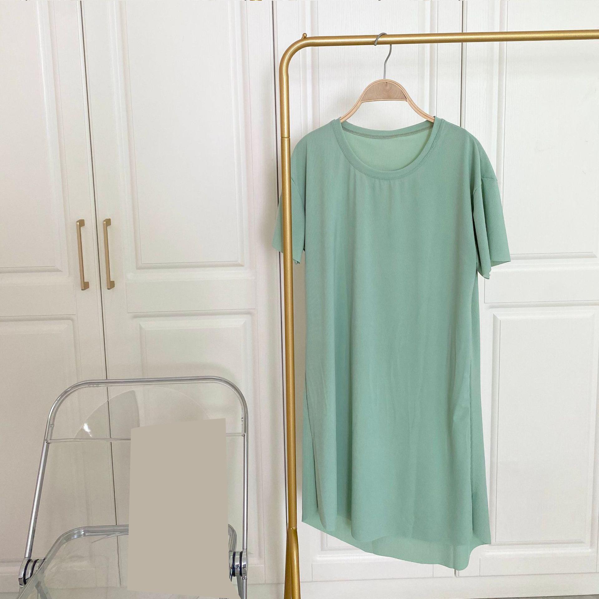 

Платье из ледяного шелка, женское весеннее и летнее тонкое свободное платье с круглым вырезом, удобное тонкое однотонное платье, домашняя ночная рубашка One Size зелёный