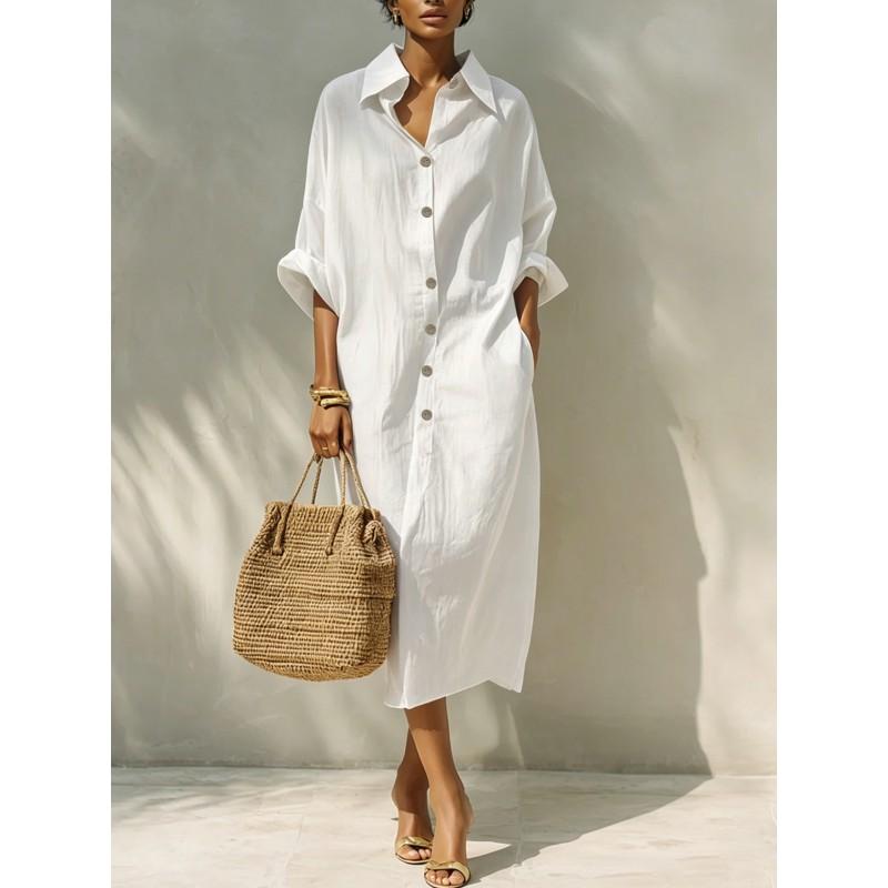 Abito Lungo Camicia Oversize da Donna con Collo a Revers Vestibilità Larga Manica Stile Coreano Casual Maxi