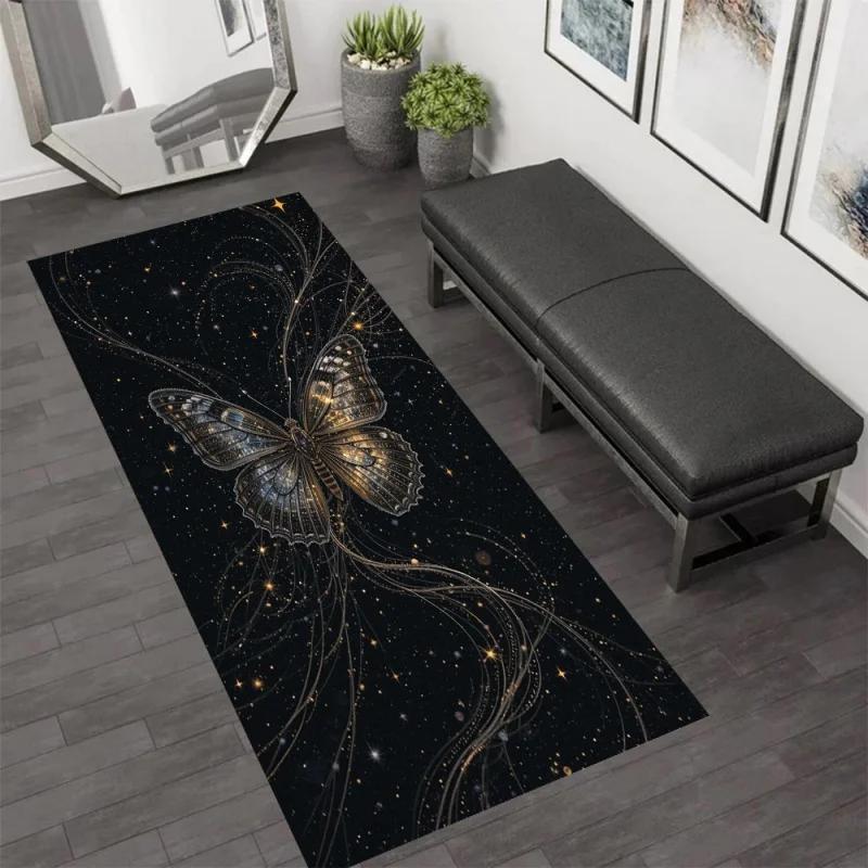 Celestial Butterfly Floral Runner Area Rug Carpet, Non Slip Floor Mat, Black Moon Star Print Washable Kitchen Rug Mystical Decor