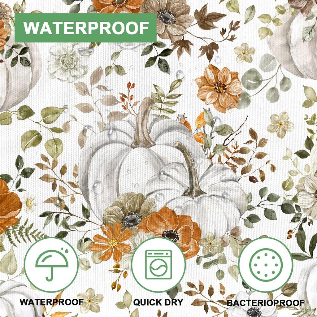 Fall Pumpkin Maple Leaf Shower Curtain, Autumn Thanksgiving Harvest Orange Pumpkin Design Bath Curta for Bathroom, Watercolor Floral Decor Waterproof