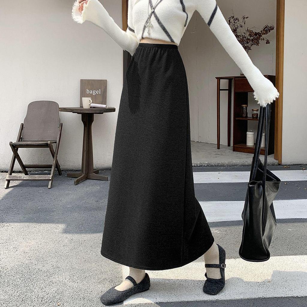 Fluffy Thickened A-Line Wool Skirt for Women - Autumn/Winter 2025, Slimming Mid-Length for Pear Shapes