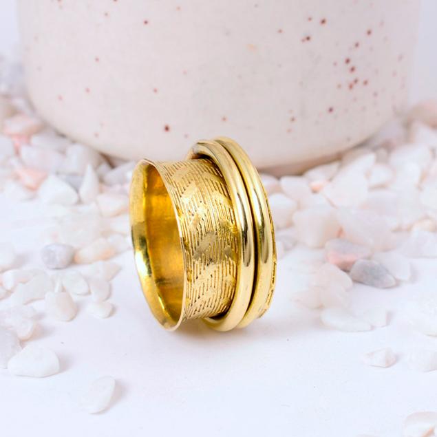 

Handmade Brass Band Ring | Horizontal Etched Texture & Stylized Geometric Pattern | Bohemian Statement Jewelry 6