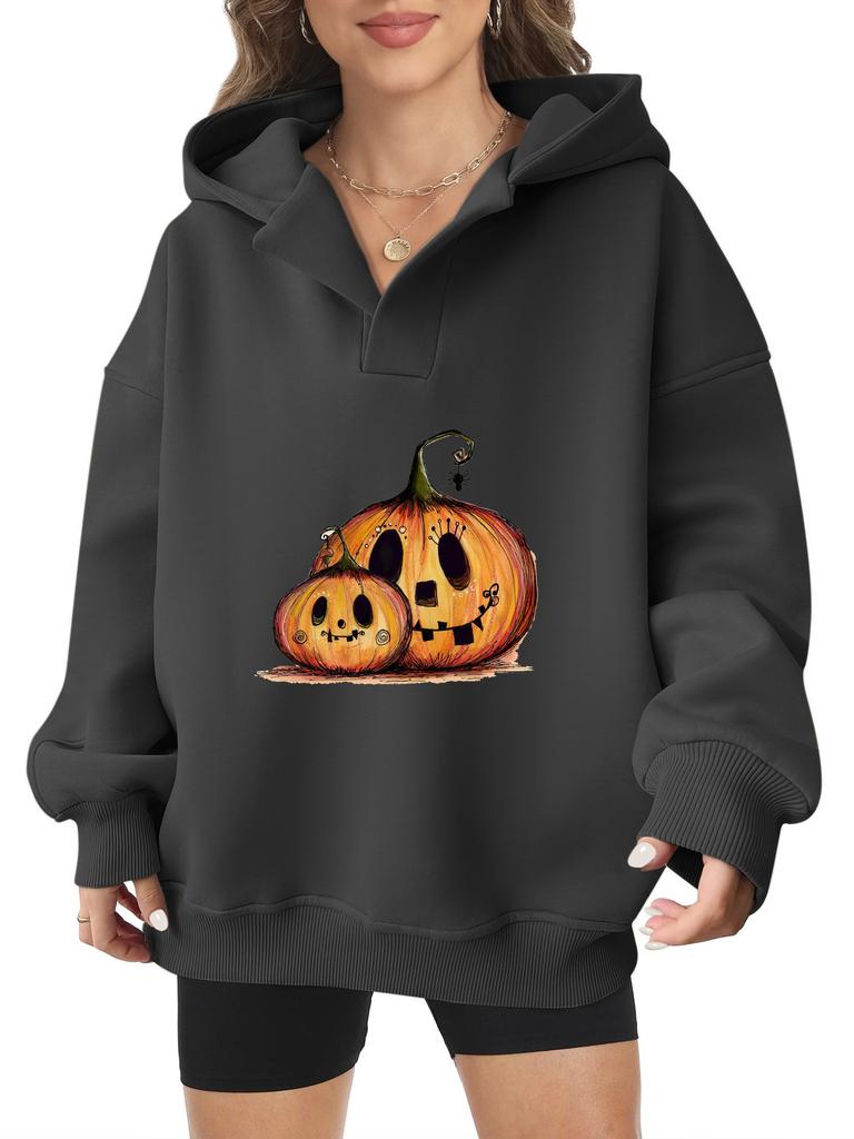 2025 real pumpkin autumn and winter Halloween velvet hooded sweater female American trendy cartoon printing thickened