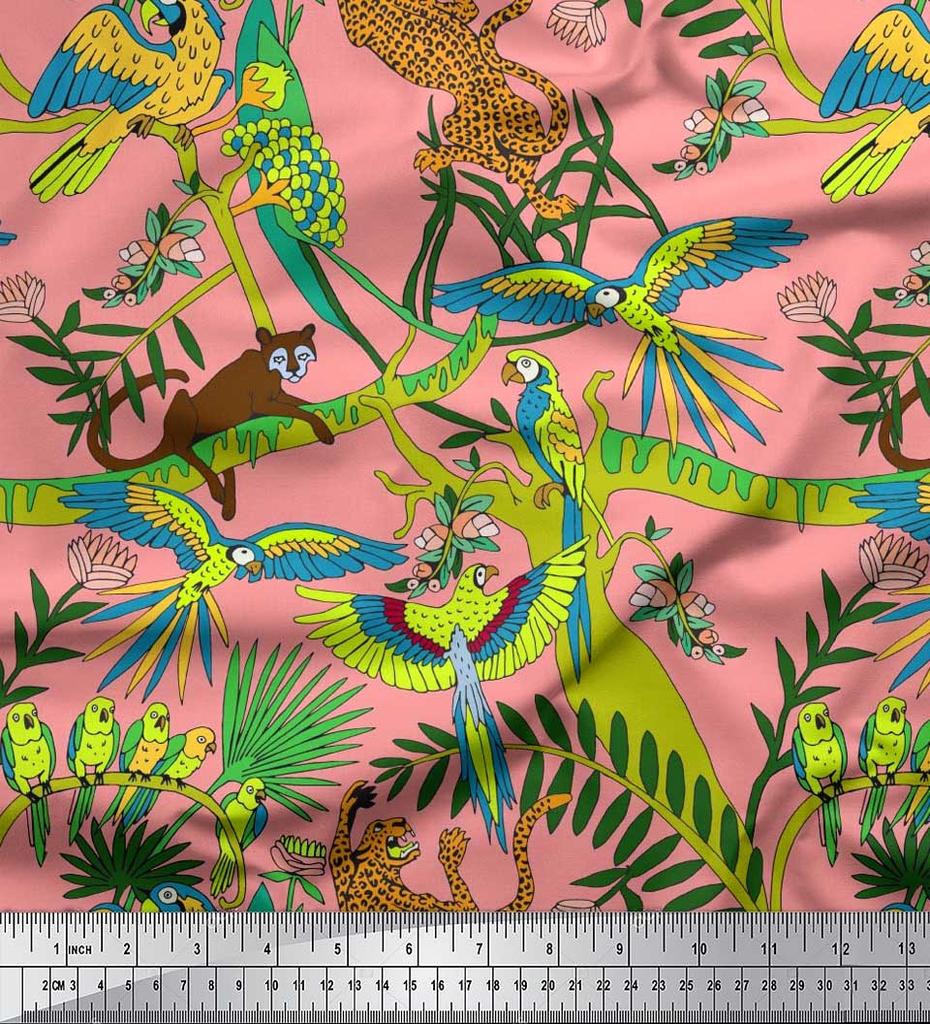 Soimoi Japan Crepe Satin Fabric Branches,Parrot & Leopard Jungle Print Fabric by the metre 42 Inch