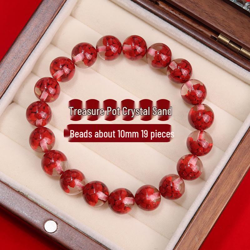 Lingxi Cinnabar & Mineral Crystal Bead Bracelet - Red Treasure Pot Design