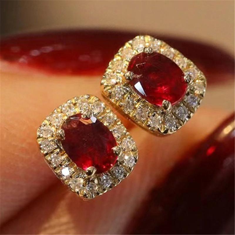 

925 Sterling Silver Red Cubic Zirconia Stud Earrings Luxury Gold Color Wedding Ear Accessories for Women Versatile Jewelry