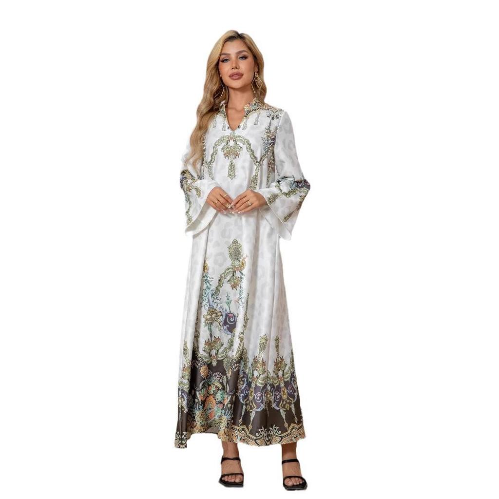 SW1003 Middle Eastern Cross-Border Muslim Women's Beaded Print Long Abaya Dress.