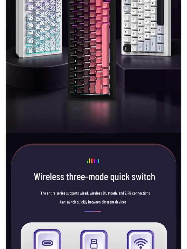 Custom Three-Mode Mechanical Keyboard: Wireless Bluetooth, Gaming & E-Sports with Side-Engraved Keycaps, Tri-Color Design & Control Knob.