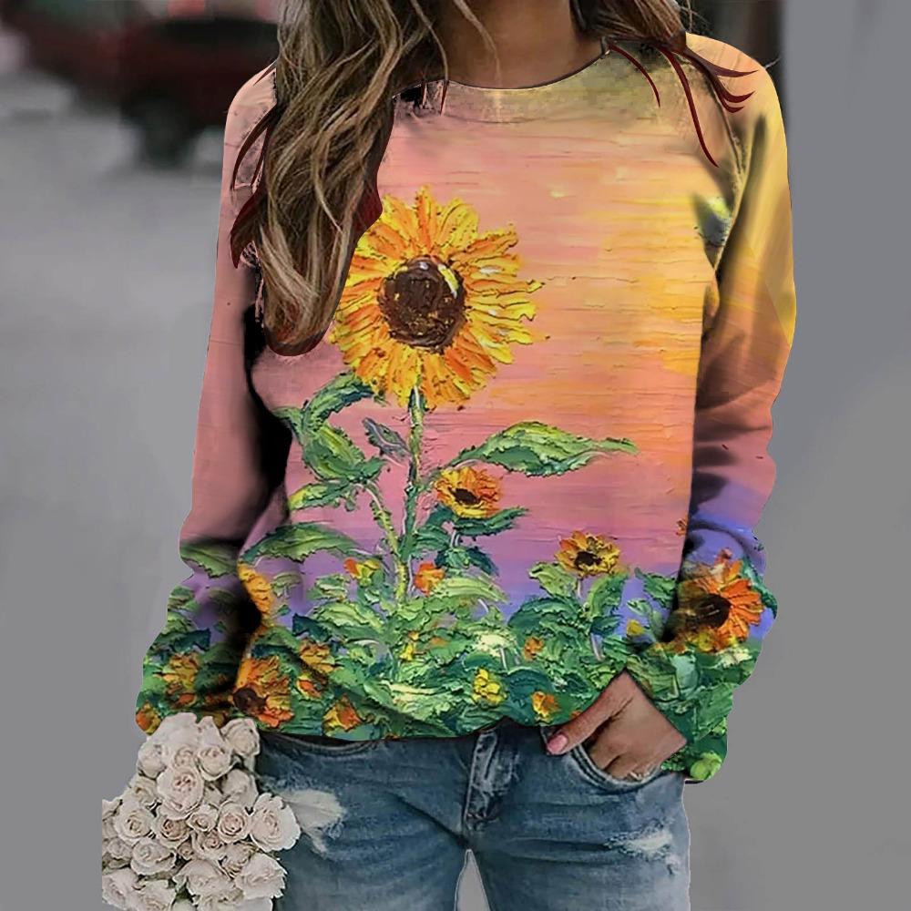 New Loose Casual 3D Floral Print Pattern Women's Round Neck Long Sleeved T-shirt