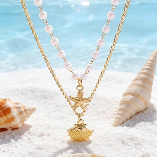 Double Layer Shell Pendant Necklace Lightweight Hypoallergenic Women Faux Pearl Starfish Charm Layered Chain Necklace Ocean Beach Neck Jewelry