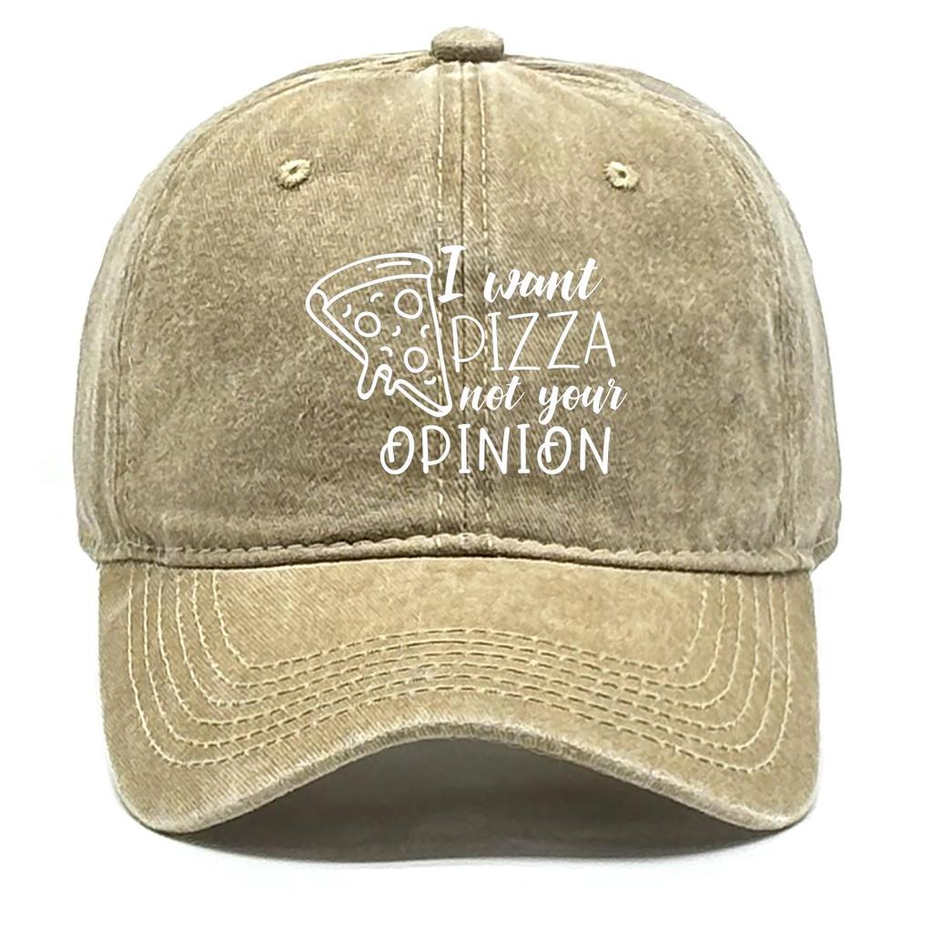 I want pizza not your opinion" Print Snapback Sun Hat, Trucker Hat Sun Protective Sporting Headwear Distressed Adjustable Baseball Hat