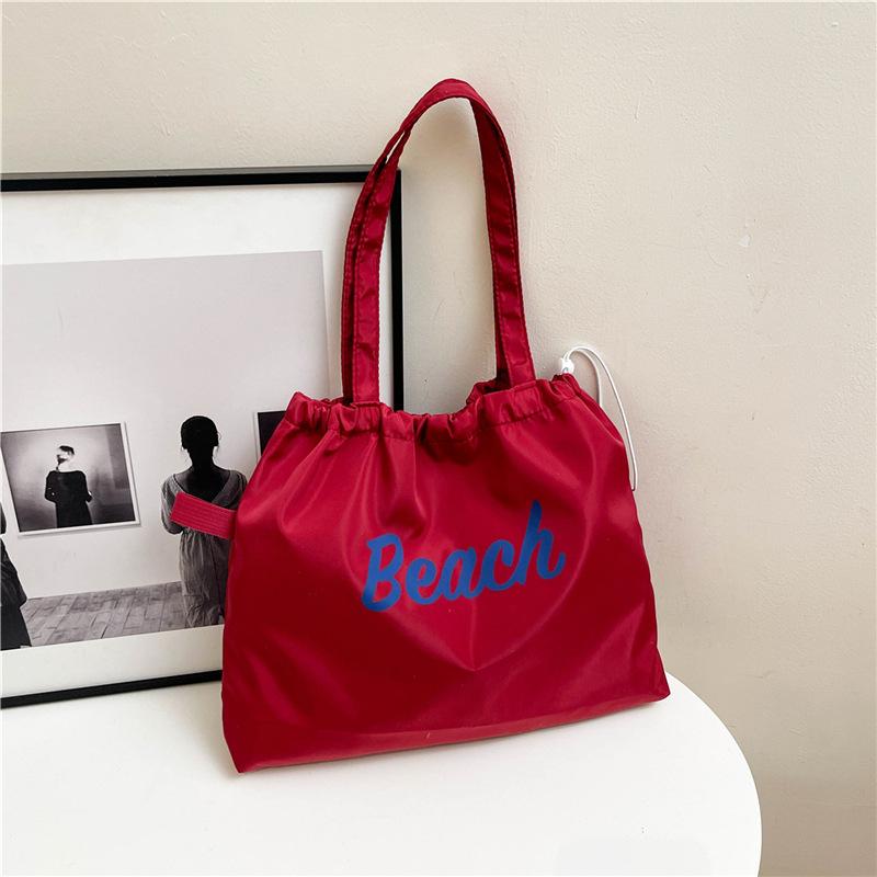 Lazy Wind Letter Shoulder Bag Women's Casual Versatile Drawstring Bundle Tote Bag Nylon Cloth Student Tote Bag