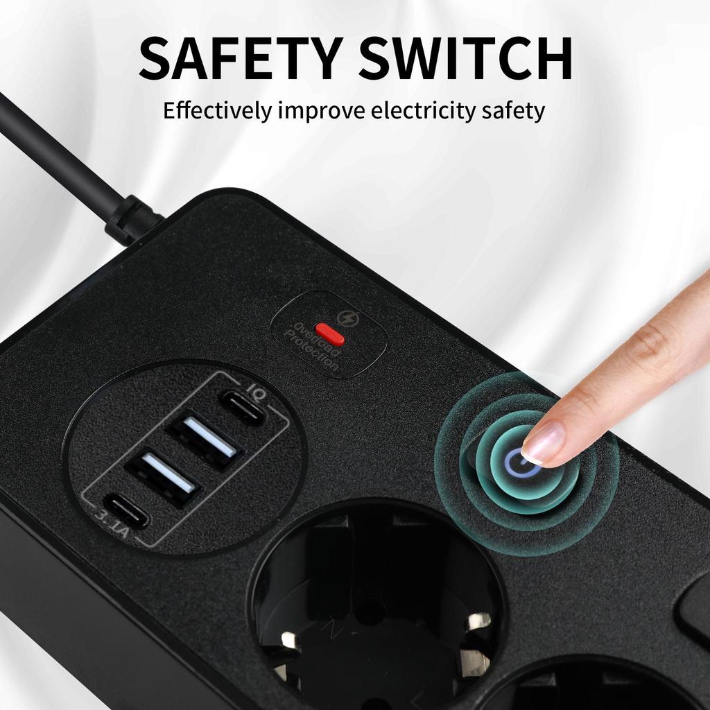 Independent Switch Control 5-Outlet Power Strip with 2 Type-C & 2 USB Ports, Overload Protection