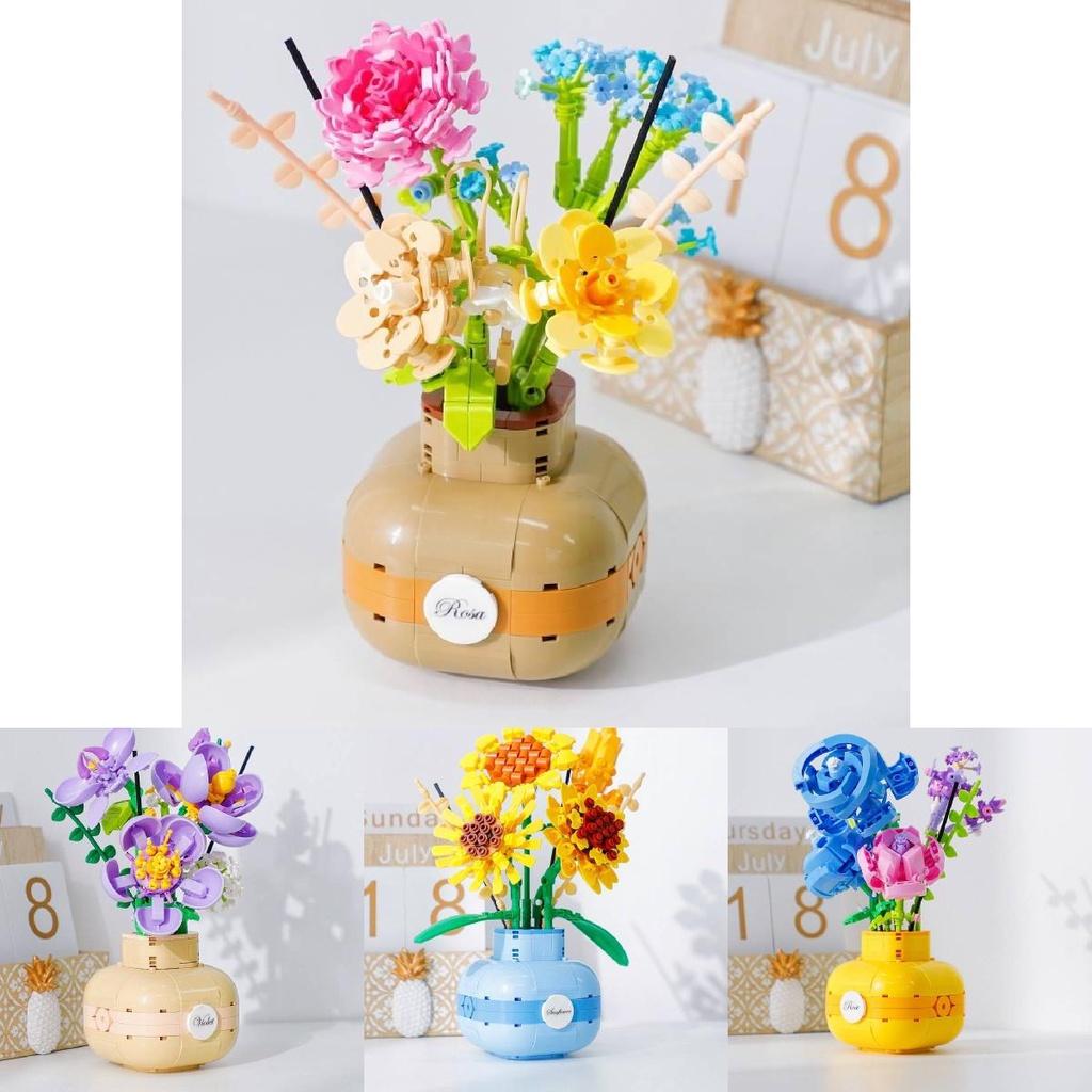 Mini Sunflower Rose Block Flower Bouquet In Vase Puzzle Toy Birthday Gift For Girls