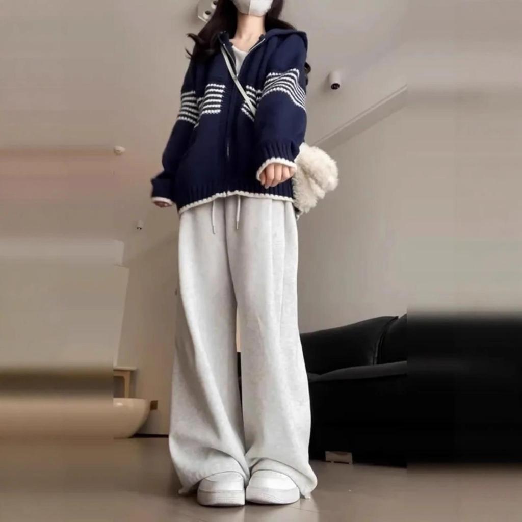 Hong Kong Chic Striped Hooded Cardigan for Women - Autumn/Winter Loose Knit Sweater Coat