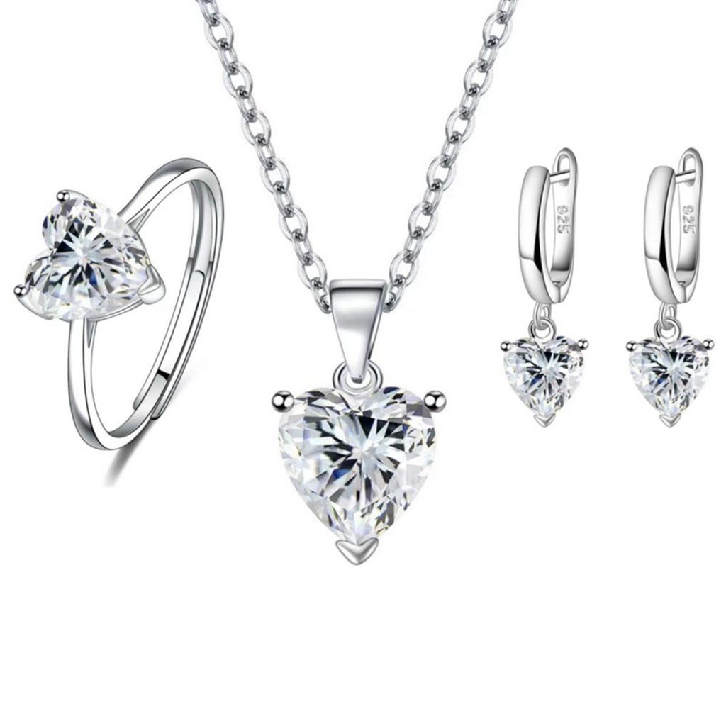 3Pcs Romantic Heart Cubic Zirconia Jewelry Combo Set Necklace Earrings Ring Perfect For Daily Or Formal Occasions