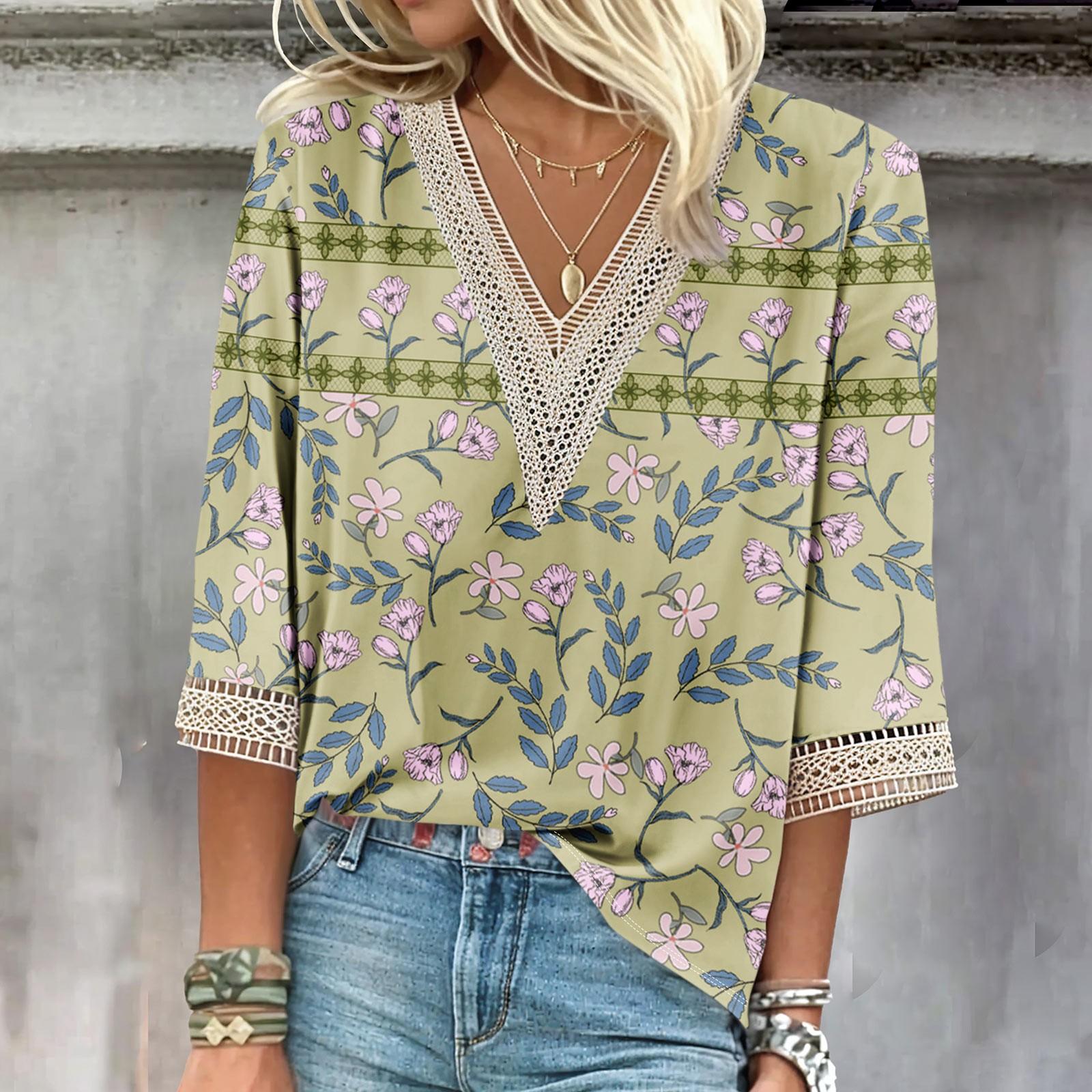 

Женская рубашка, блузка, повседневные свободные рубашки, рукава 3/4, кружевные топы с v-образным вырезом и принтом, топы с принтом, футболки, футболки XXL