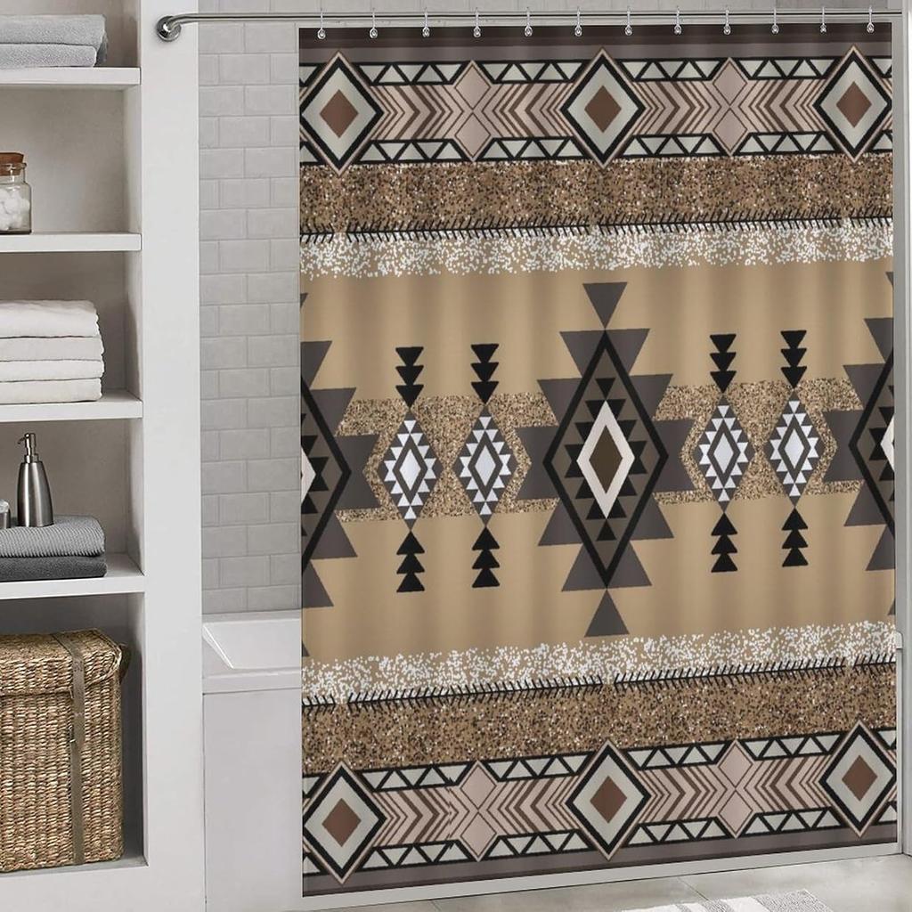Southwestern Natvie Tribal American Ethnic Western Abstract Geometric Vintage Brown Waterproof Fabric Bathroom Shower Curtain