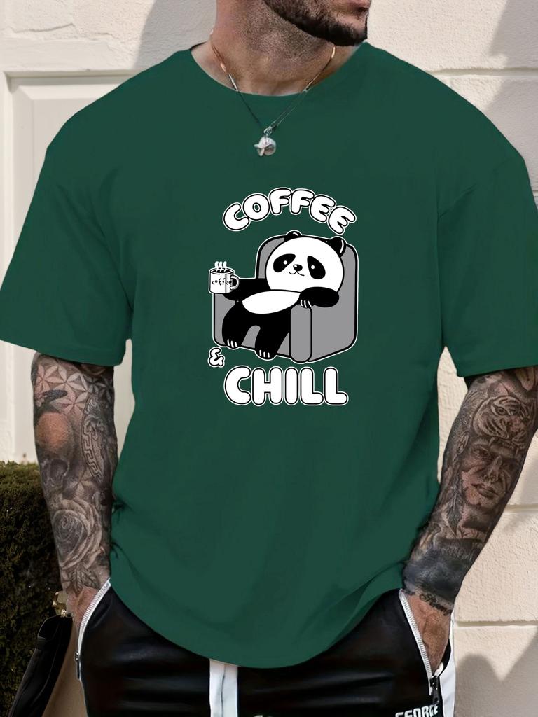 Mens Casual Tshirt Panda Coffee  Chill Print Short Sleeve Round Neck Breathable Soft Oversized Daily Wear Tee