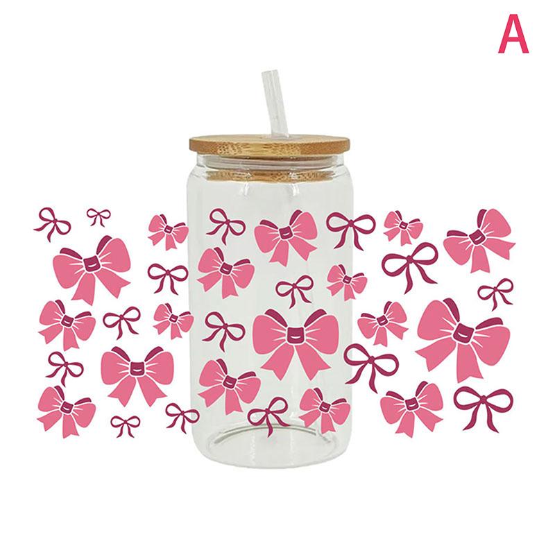 Autocolant UV DTF cu funde fluide pentru cutii de bere de 16 oz, panglici Pretty Love, drăguț model feminin, pentru cutii de bere, model UV DTF