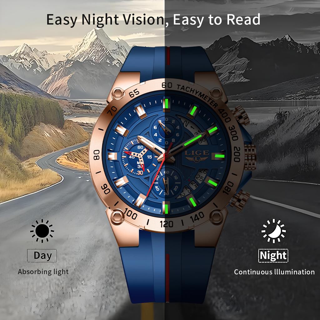 LIGE Luxury Military Men Watch Waterproof Luminous Date Sport Man Wristwatch Chronograph Silicone Strap Quartz Men's Watches+Box