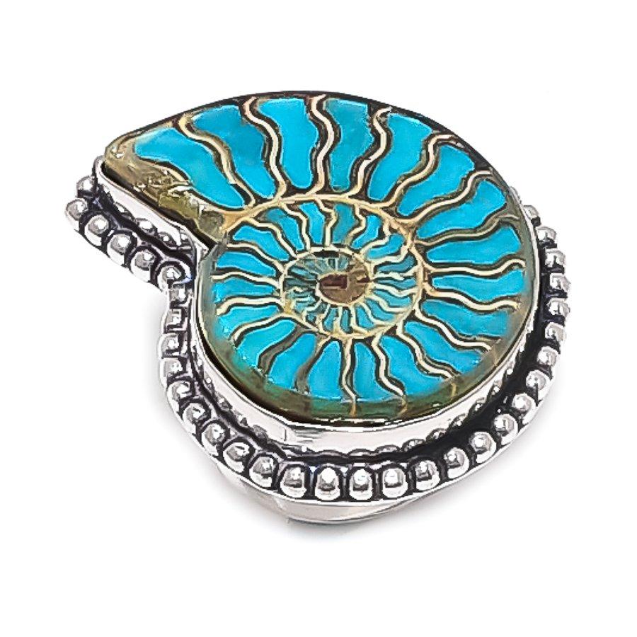 

Натуральный ископаемый аммонит драгоценный камень 925 стерлинговое серебро ювелирное кольцо размер 7 s5C57