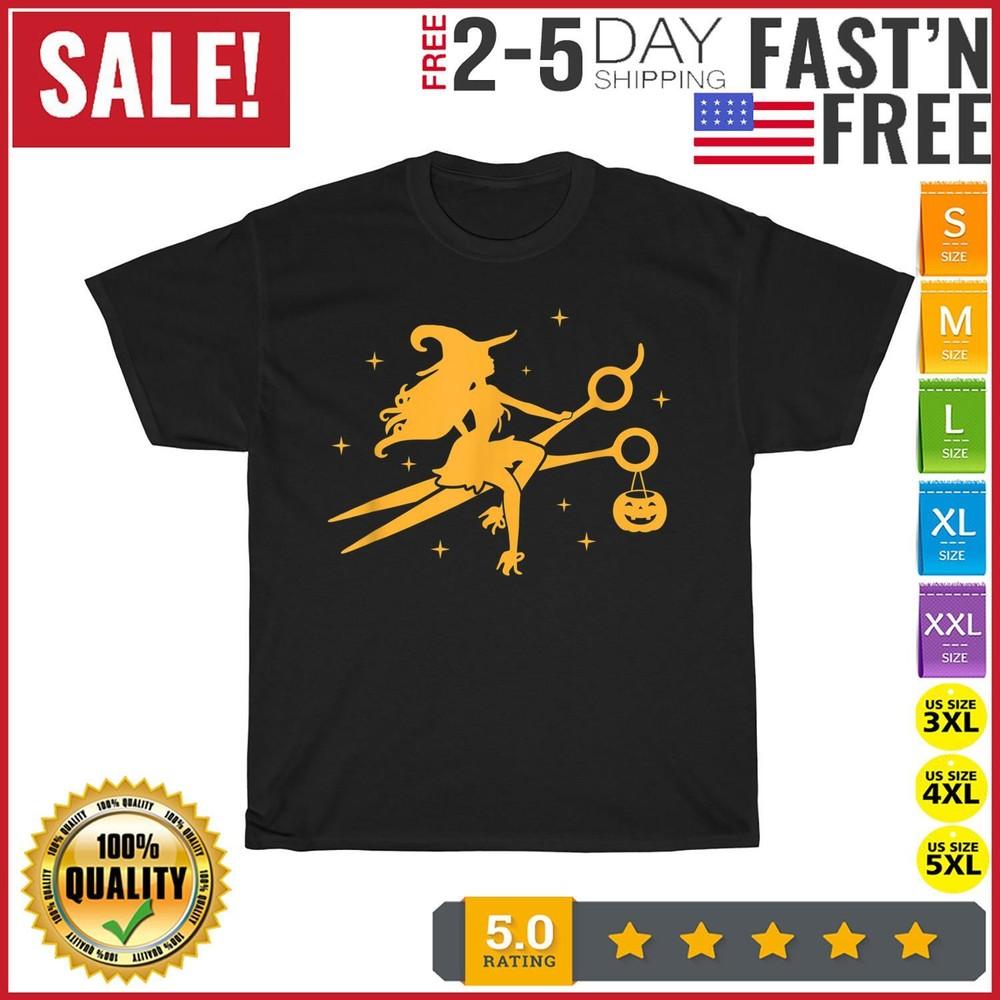 Halloween Witch Riding Scissor Broom Vintage T Shirt Men Women Fashion NEW 2023