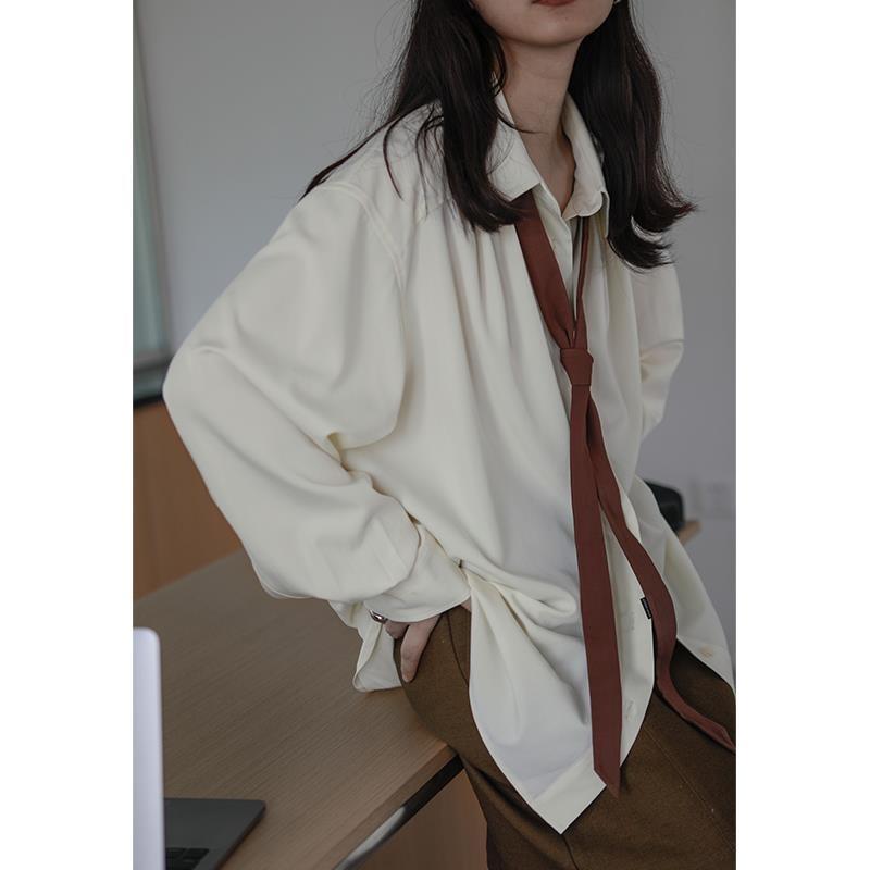 Elegant Long Sleeve Shirt Women Korean Solid Tie Chic Button Blouse Loose Harajuku All Match Office Ladies Simple Tops Summer