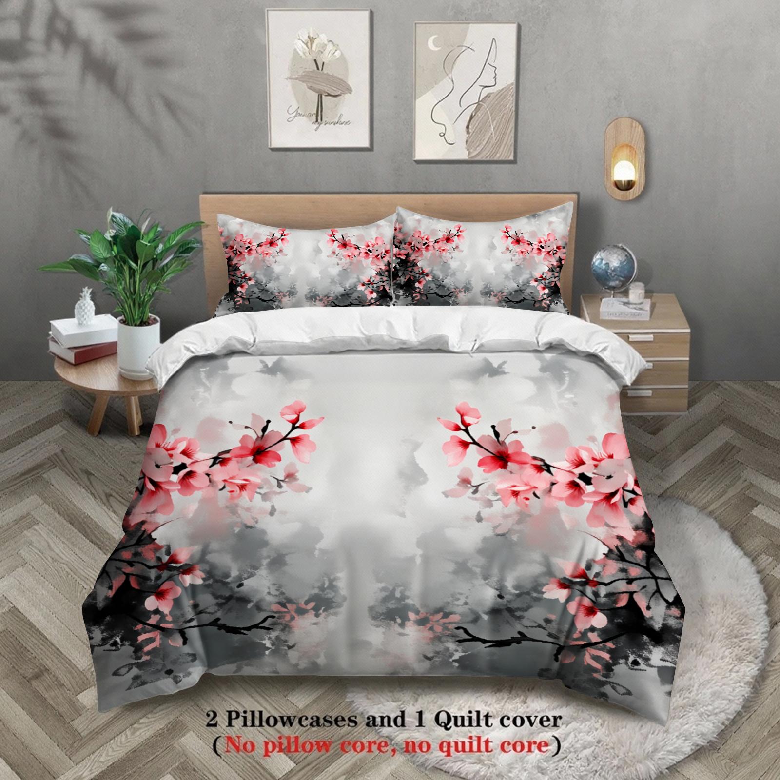 

3pcs Cherry Blossom Bedding Sets 3D Printed Floral Pattern Duvet Cover Sets With Pillowcases No Filling Grey Gradient Base AU Queen(210x210cm)