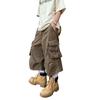 Pantalones casuales de verano finos de siete puntos retro rectos americanos multi-bolsillo de trabajo para hombre sueltos pierna ancha algodón puro no
