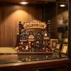 Small Wooden Town Figures 2D Halloween Village Figurine, Spellbound Lane Haunted House Tabletop Decoration with Three Dimensional Cabin Crafts