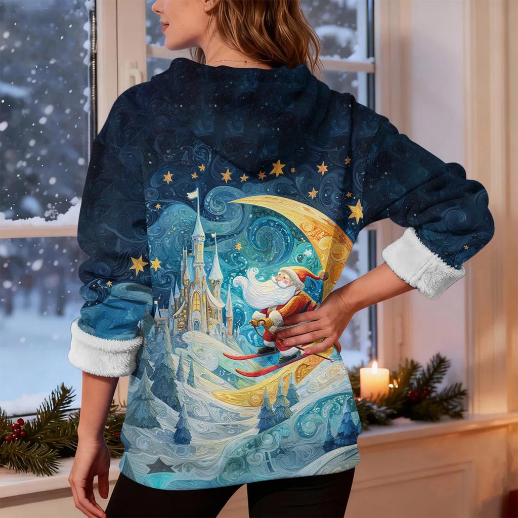 Women's Fashionable Casual Long-Sleeved Christmas Print Fleece-Lined Thick Hooded Sweatshirt