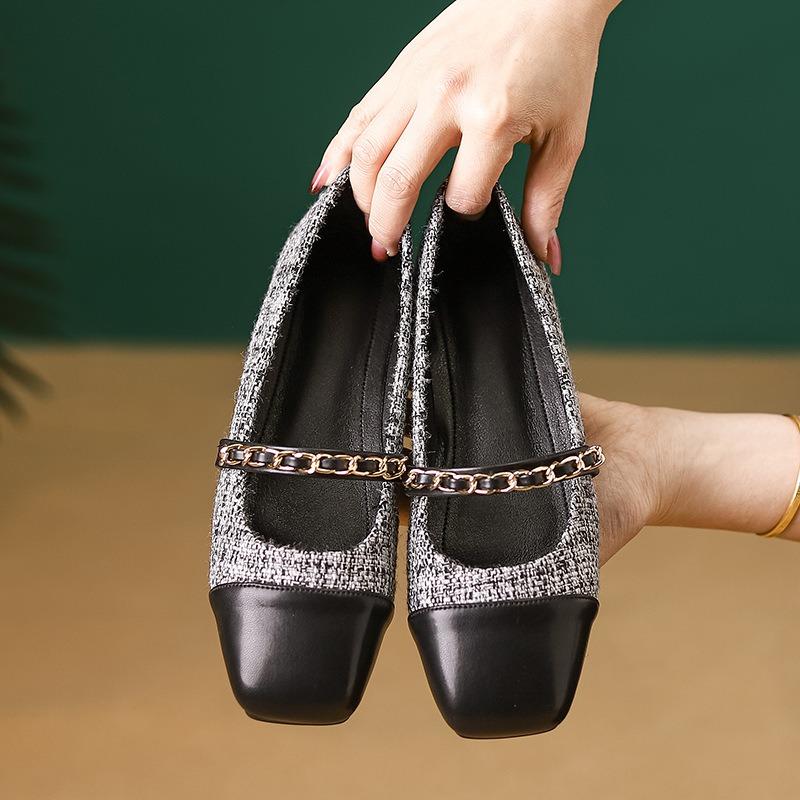 Women Mary Jane Shoes Elegant Tweed Chain Straps Flats French Square Toe Pumps Daily Soft Sole Slip-on Thin Shoes Casual Loafers