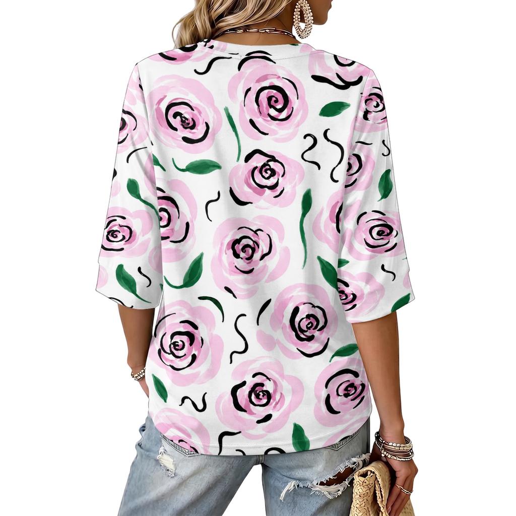 Women's V-Neck Retro Floral Print Lightweight Blouse for Spring and Summer