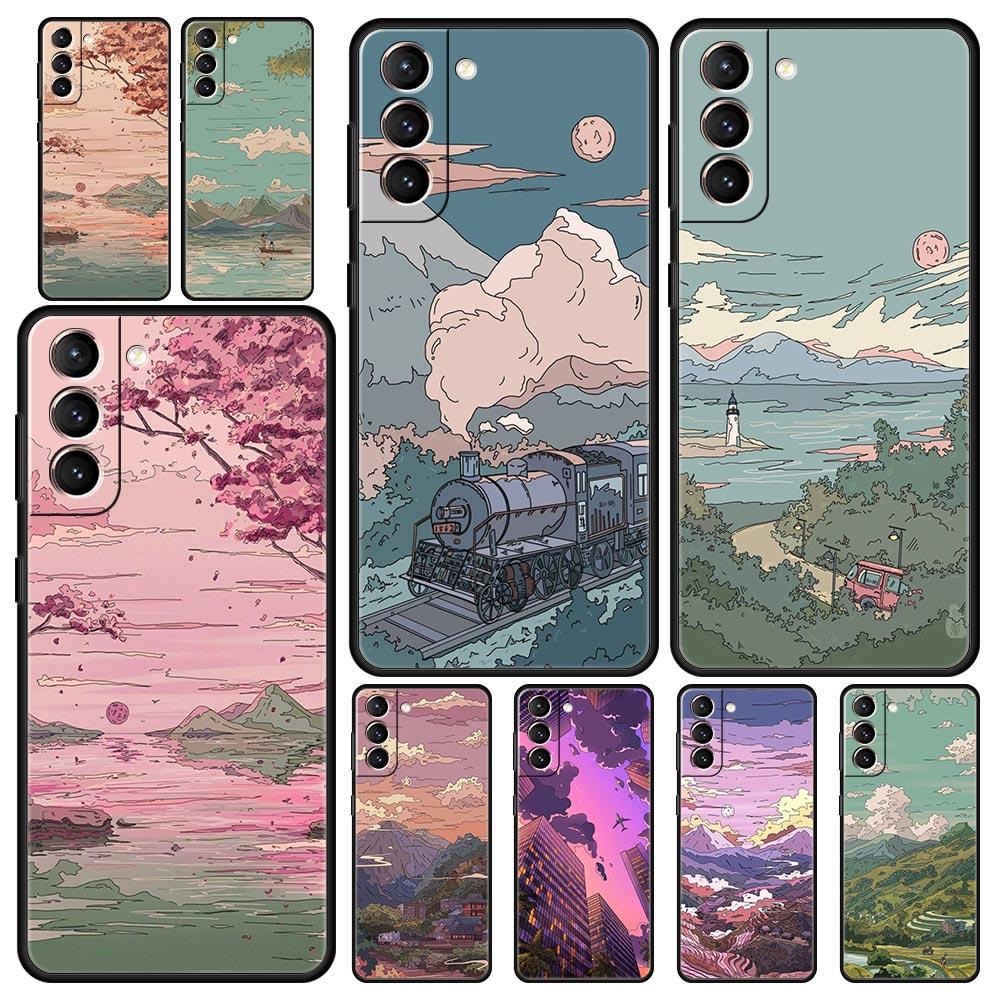 

Japan Sunset Scenery Soft Phone Case For Samsung Galaxy S24 S23 S22 S20 Ultra S21 FE 5G S10 S9 Plus S10E S8 20 Silicone Cover