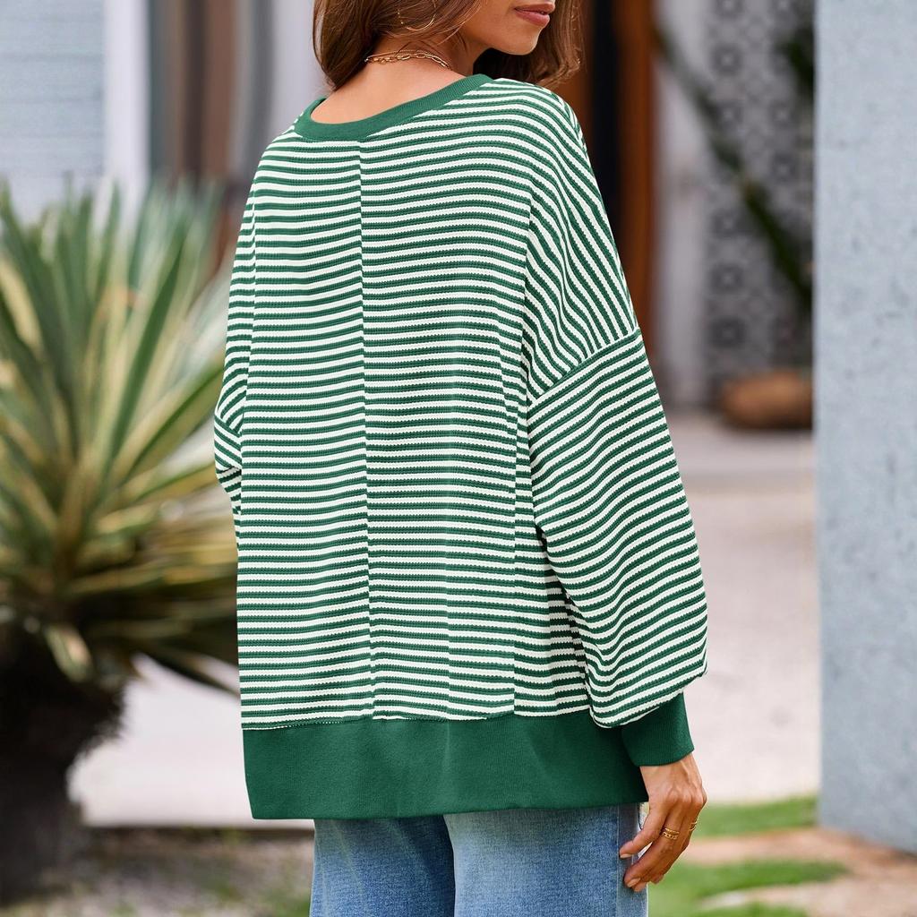 Women's Long-sleeved Round-neck Striped Round-neck Versatile Casual Loose Sweatshirt