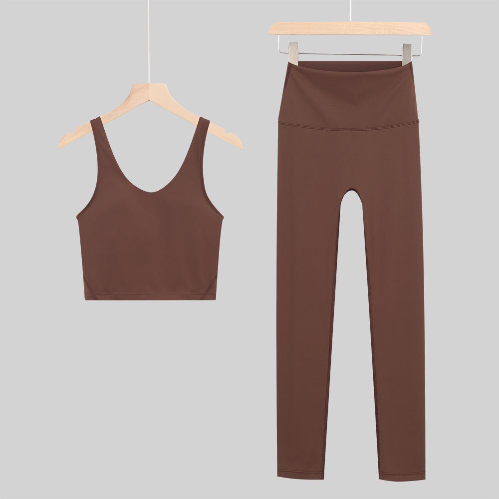Lulu U-Back Sports Tank & 9-Point Yoga Pants Set with Bare-Feel Push-Up Bra for Women's Fitness