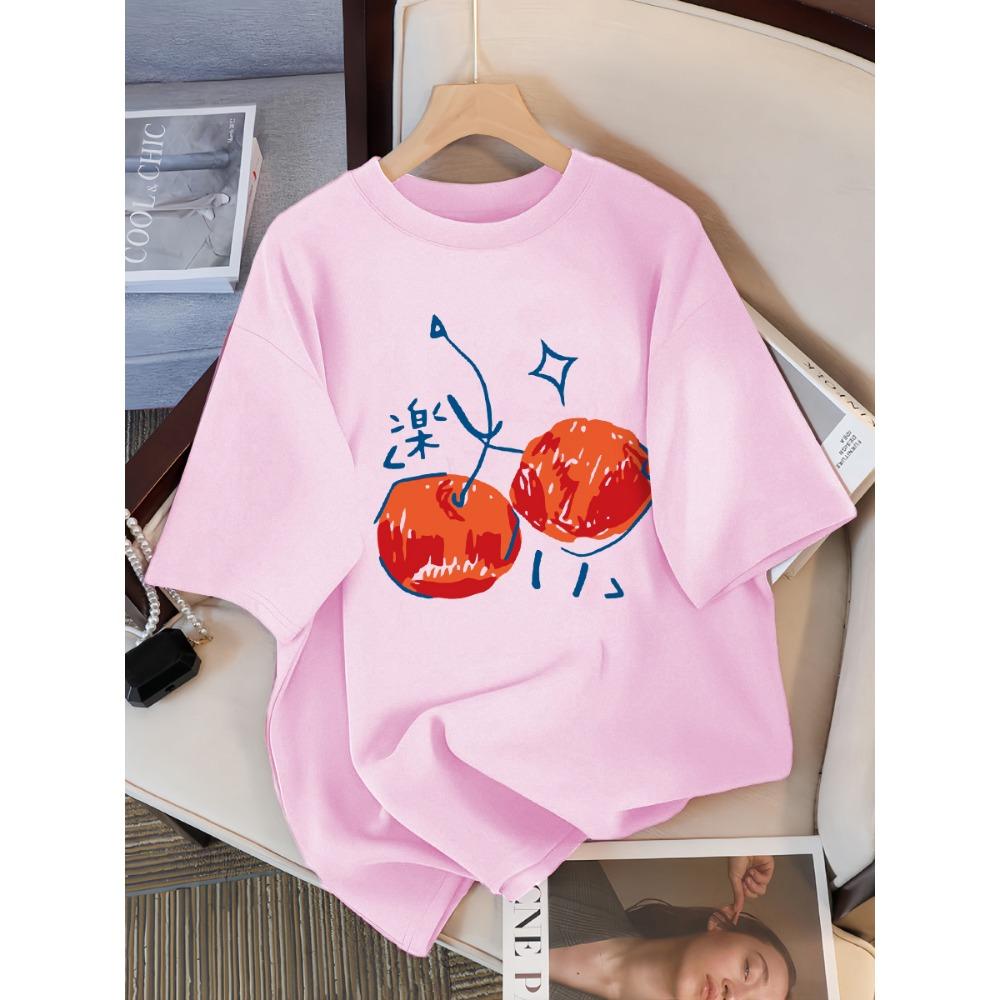 Cherry Pattern Printed Women's T-shirt Casual Sports Round Neck Short Sleeved Breathable Summer T-shirt Street New Clothing