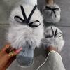 Sweet Bowknot Mix Color Faux Fur Slides Women 2025 Autumn Warm Short Plush Outdoor Slippers Soft Sole Cotton Mules Slippers