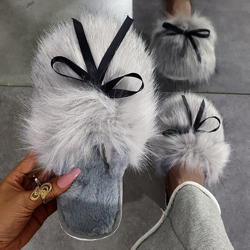 Sweet Bowknot Mix Color Faux Fur Slides Women 2025 Autumn Warm Short Plush Outdoor Slippers Soft Sole Cotton Mules Slippers