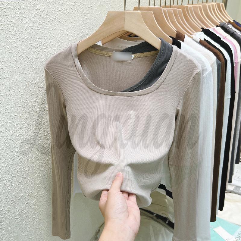 Stylish Korean Square Neck Faux Two-Piece Long-Sleeve Women's T-Shirt – Versatile Base Layer