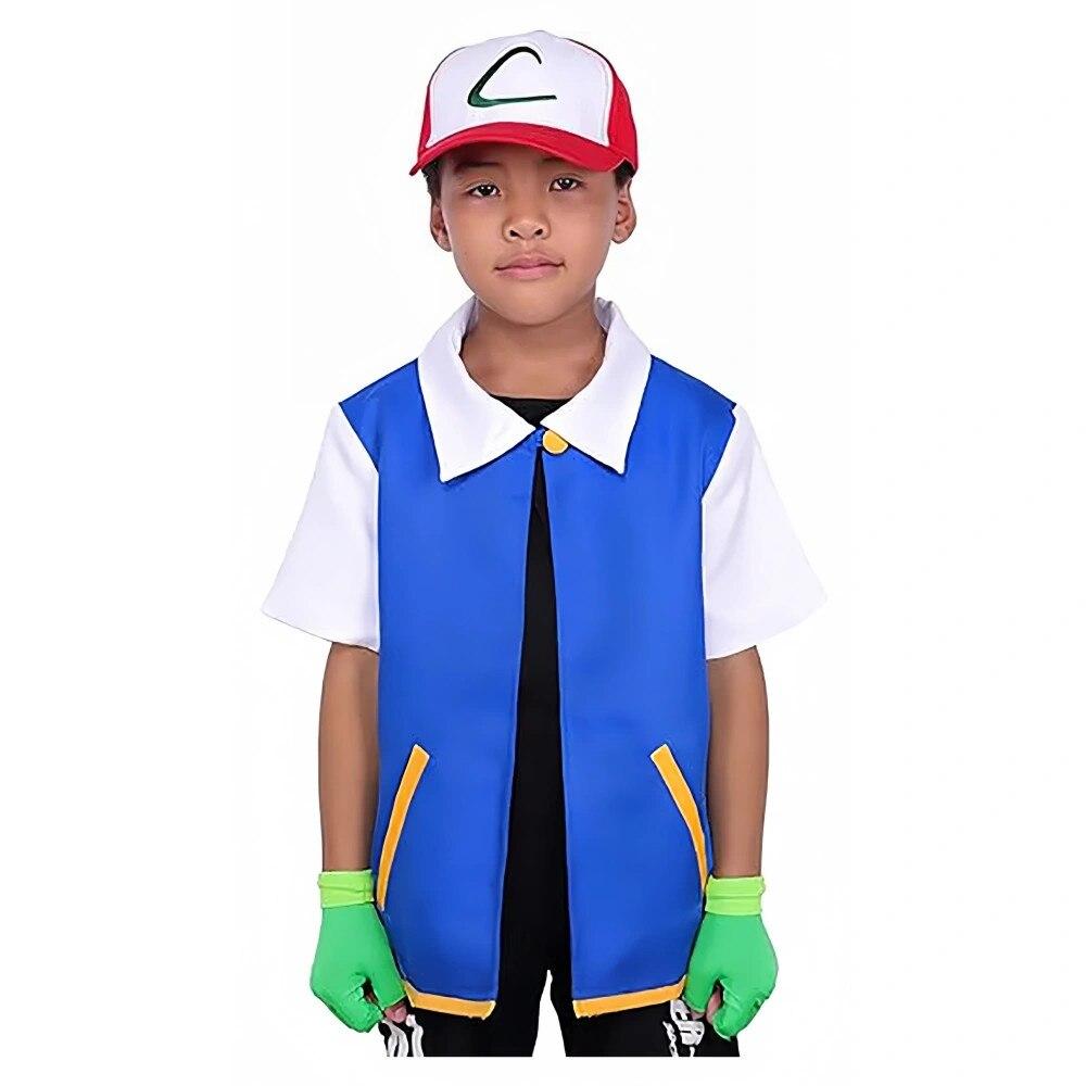 Pokemon Ash Ketchum Dětský Cosplay Kostým Set s Kloboukem Vesta Rukavice 4-5 Let 120cm Narozeninový Dárek Halloween Role Play Trenérský Oblek