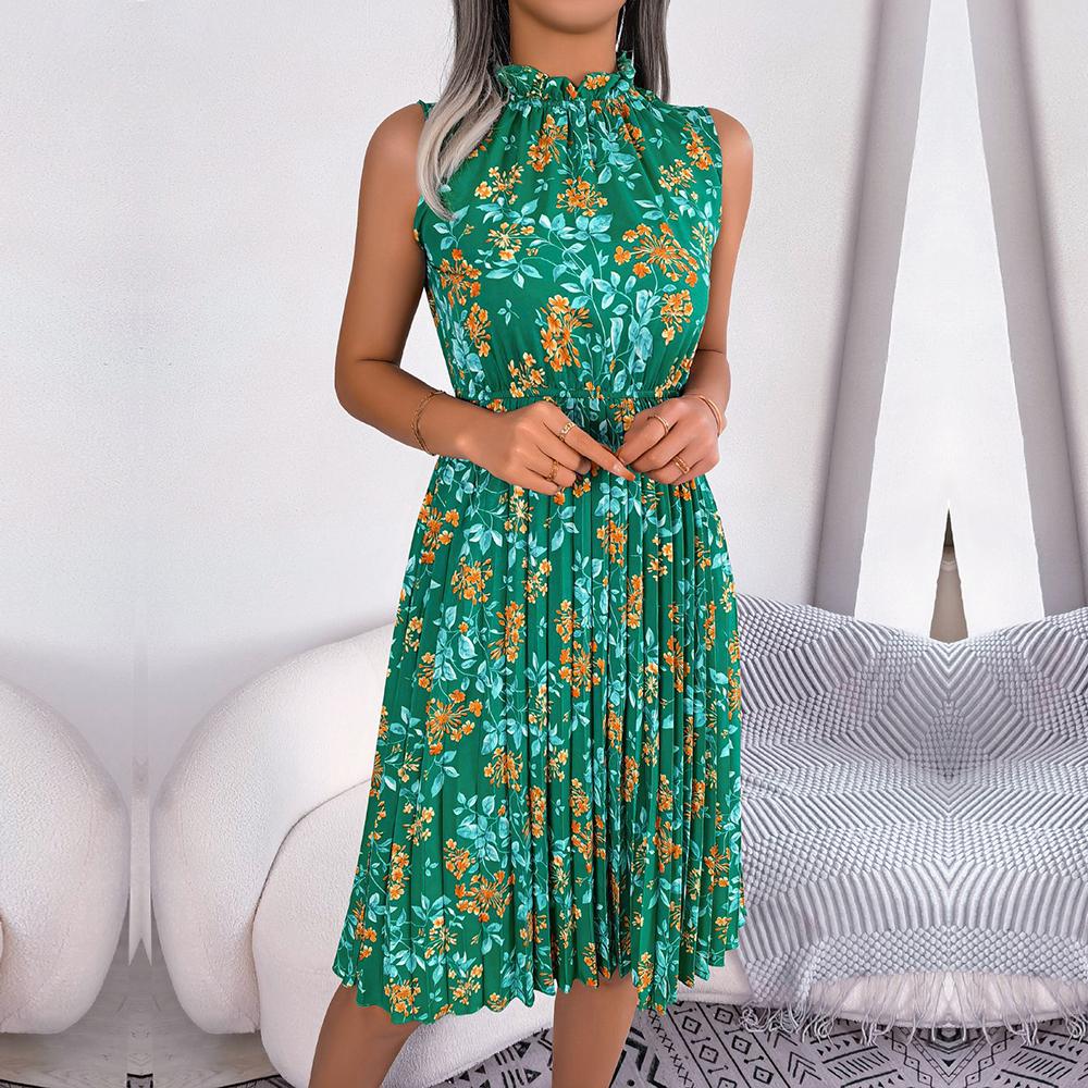 Damen Frühling Sommer Temperament Holz Ohr Rand Blume Hohe Taille Falten Kleid