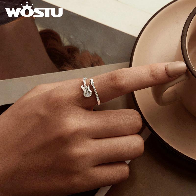 WOSTU Real 925 Sterling Silver Cute Music Bass Open Ring For Women Creative Party Gift Stackable Rings Girl Birthday Gift