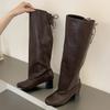Eilyken New Fashion Round Toe Lace-up Knee-High Boots Woman Square Heels Long Booties Shoes Autumn Winter Zapatos De Mujer