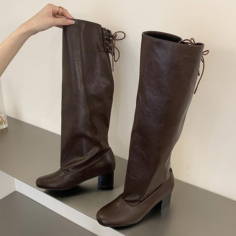 Eilyken New Fashion Round Toe Lace-up Knee-High Boots Woman Square Heels Long Booties Shoes Autumn Winter Zapatos De Mujer
