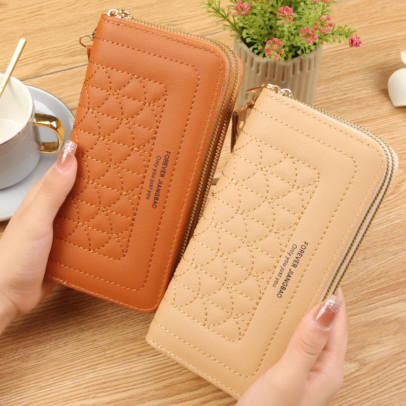 2024 Ladies' Long Soft Leather Wallet - Double Zipper Clutch with Embroidered Design, Large Capacity Card Holder, and Phone Pocket.