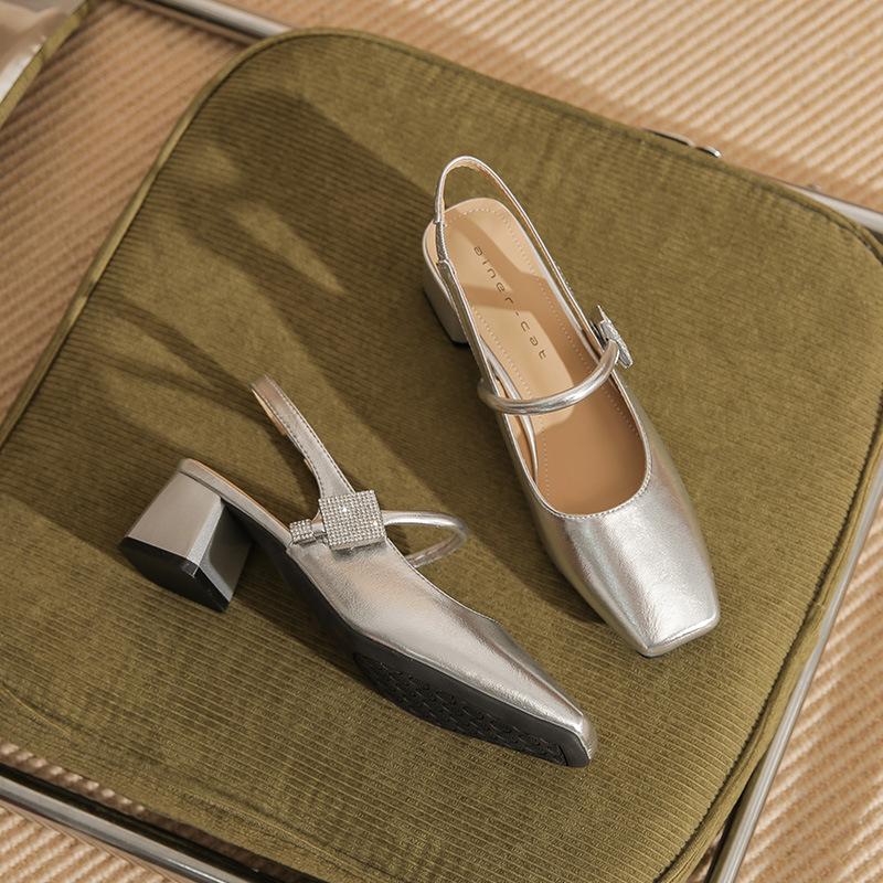 

55101 high heels women s thick heel 2025 new square head rear empty sandals temperament medium heel rhinestone Mary Jane single shoes 39