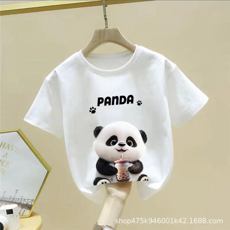 Kids Panda Print Cotton Short Sleeve T Shirt Summer Boys Girls Breathable Half Sleeve Top