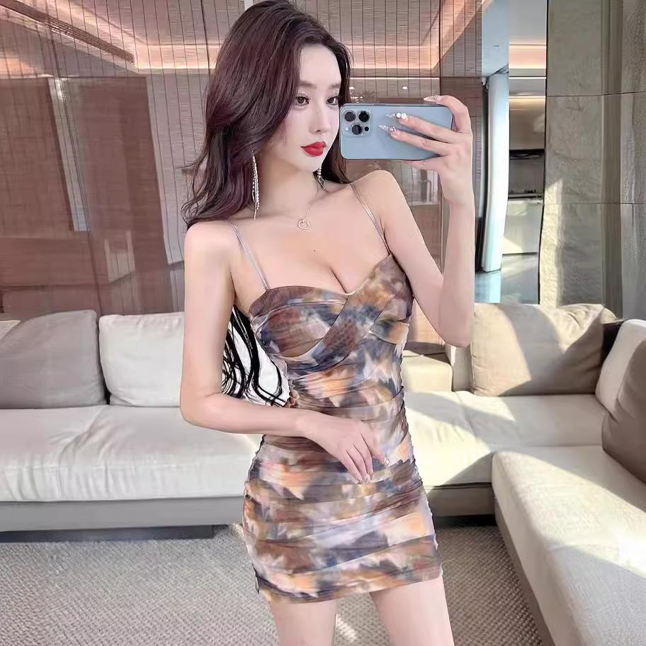 Summer Club Technician Foot Bath V-Neck Sexy Mesh Printed Suspender Skinny Bottom Hip Wrap Dress Women